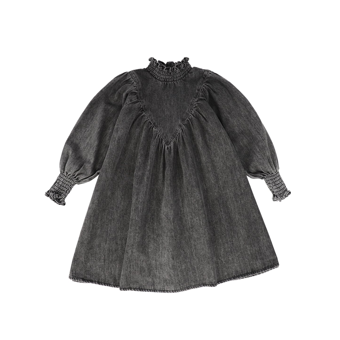 PETITE AMALIE BLACK DENIM WASH SMOCKED TRIM V DESIGN DRESS [FINAL SALE]