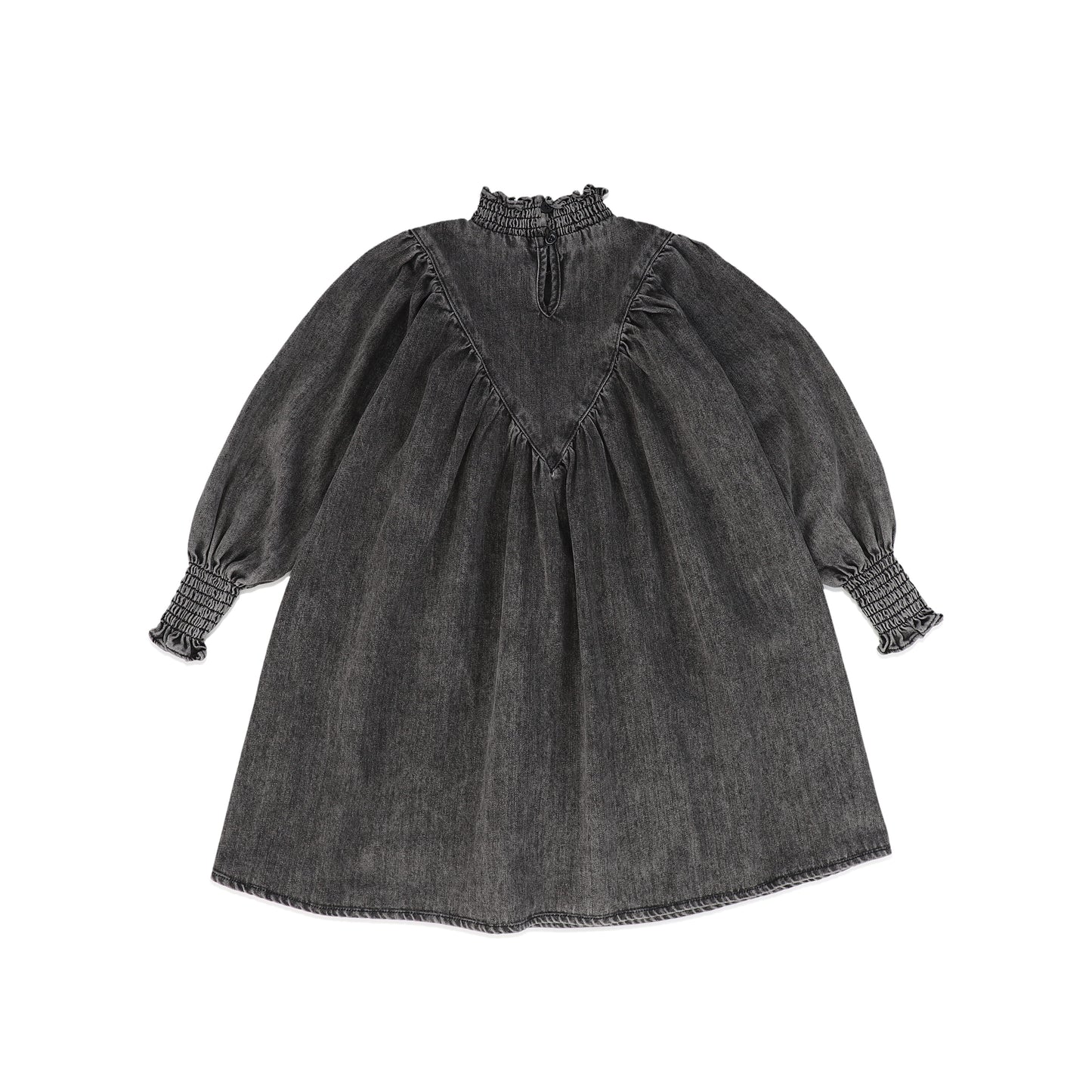 PETITE AMALIE BLACK DENIM WASH SMOCKED TRIM V DESIGN DRESS [FINAL SALE]