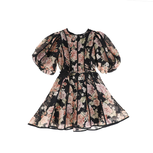 PETITE AMALIE BLACK/PINK FLORAL LINEN PANEL PUFF SLEEVE DRESS