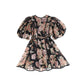 PETITE AMALIE BLACK/PINK FLORAL LINEN PANEL PUFF SLEEVE DRESS