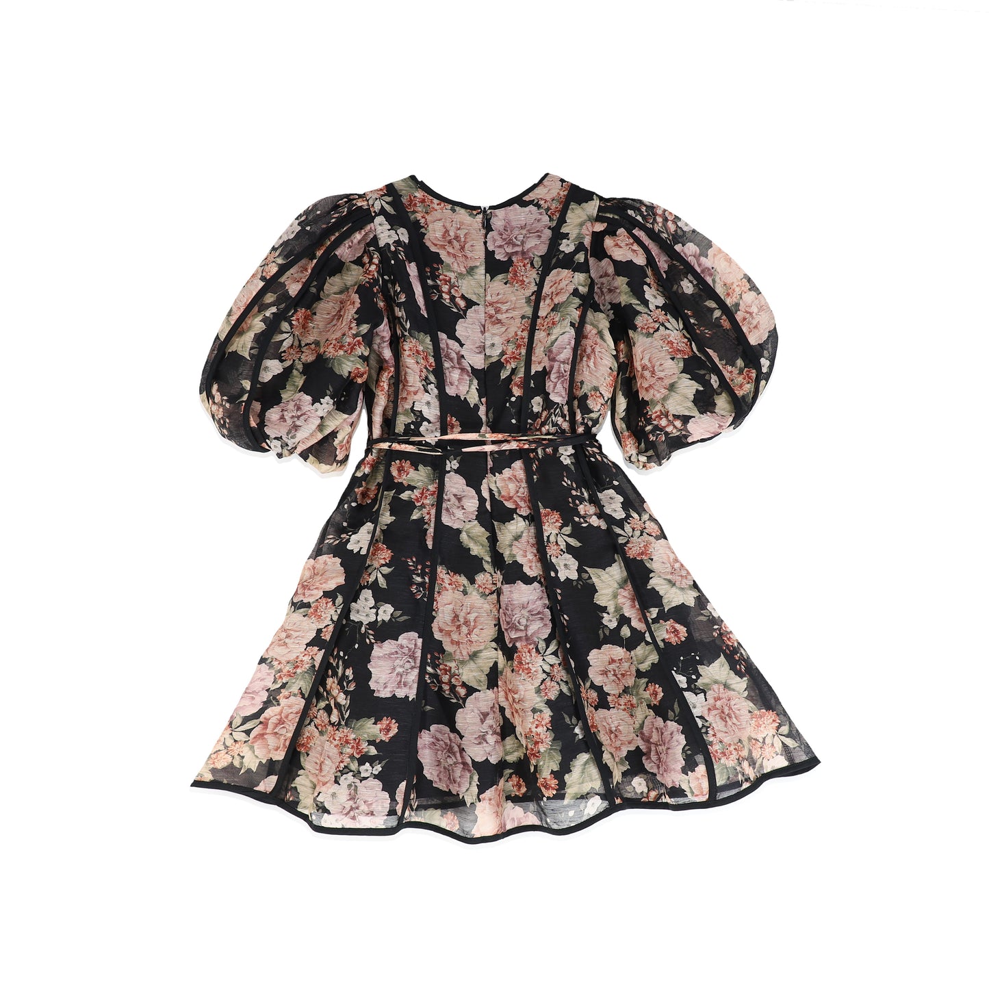 PETITE AMALIE BLACK/PINK FLORAL LINEN PANEL PUFF SLEEVE DRESS [FINAL SALE]