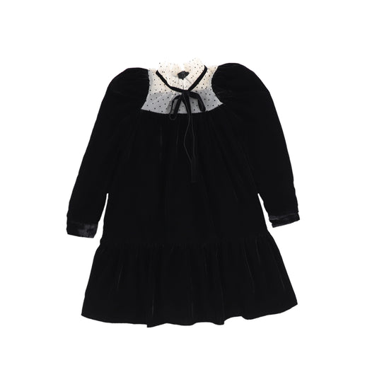 PETITE AMALIE BLACK VELVET DOTTED TULLE TRIM DRESS [FINAL SALE]