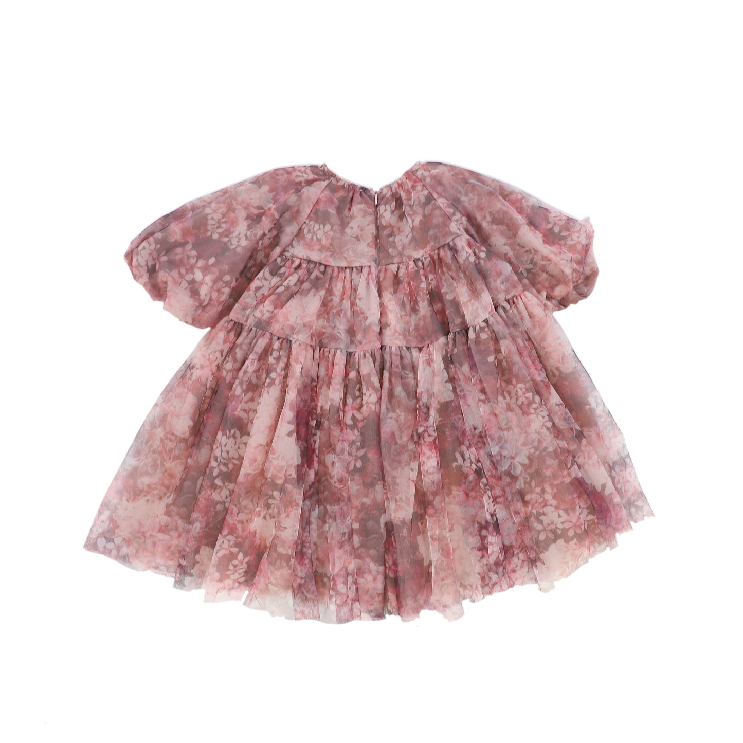 PETITE AMALIE PINK FLORAL TULLE TEIRED PUFF SLEEVE DRESS [FINAL SALE]