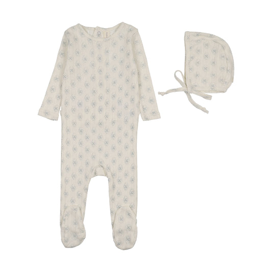 LILETTE CREAM/BLUE FLORAL PRINTED FOOTIE SET