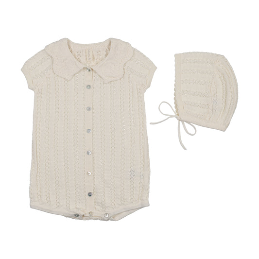 LILETTE CREAM CROCHET KNIT RUFFLE ROMPER SET