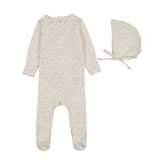 LILETTE CREAM/BLUE PRINTED WRAPOVER FOOTIE SET