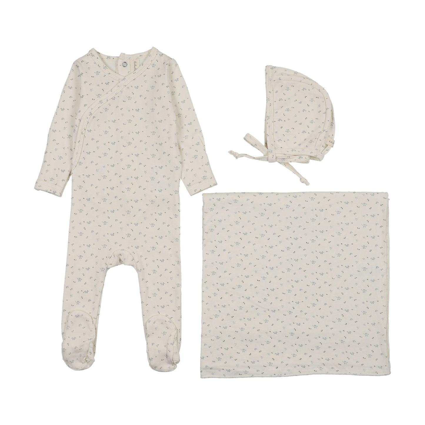 LILETTE CREAM/BLUE PRINTED WRAPOVER LAYETTE SET