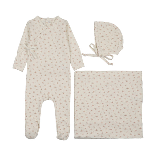 LILETTE CREAM/PINK PRINTED WRAPOVER LAYETTE SET