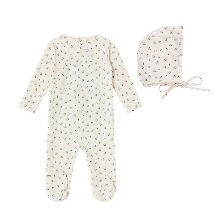 MINI LABEL CREAM/BLUE HYDRANGEA FOOTIE + BONNET