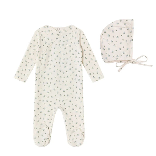 MINI LABEL CREAM/BLUE HYDRANGEA FOOTIE + BONNET