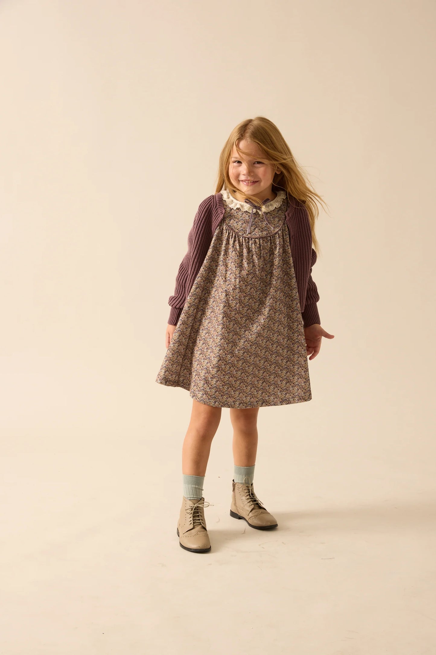 ANALOGIE OXFORD TAN PRINT HOME GARDEN LACED TRIM DRESS