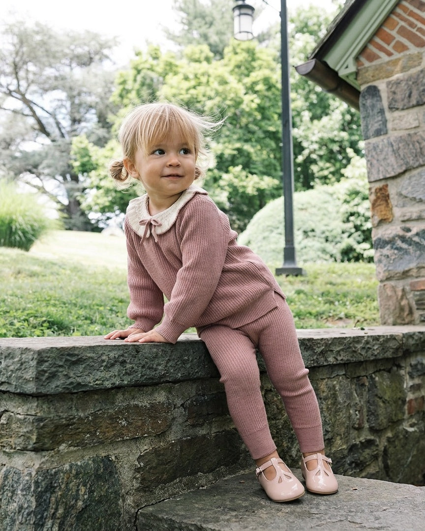 ANALOGIE ROSE PINK RUFFLE COLLAR RIBBED KNIT SET
