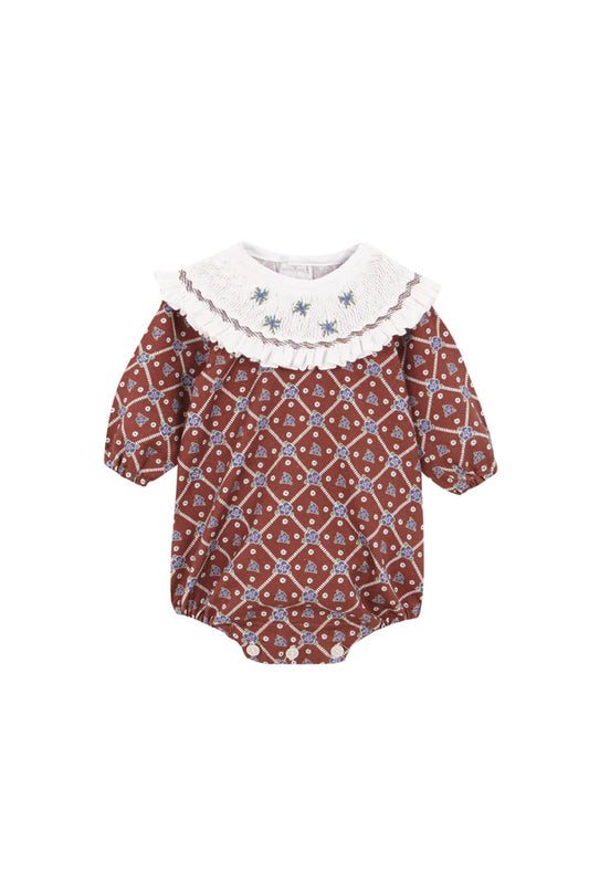 BIRINIT PETIT BROWN FLORAL SMOCK COLLAR ROMPER