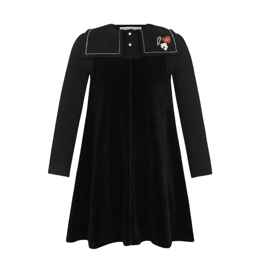 LITTLE PARNI BLACK VELOUR BIB COLLAR MAXI DRESS