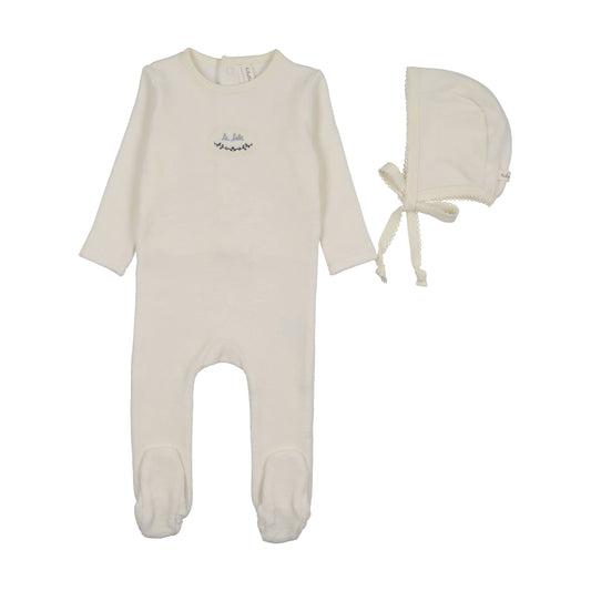 LILETTE CREAM/BLUE VELOUR PATCH FOOTIES SET