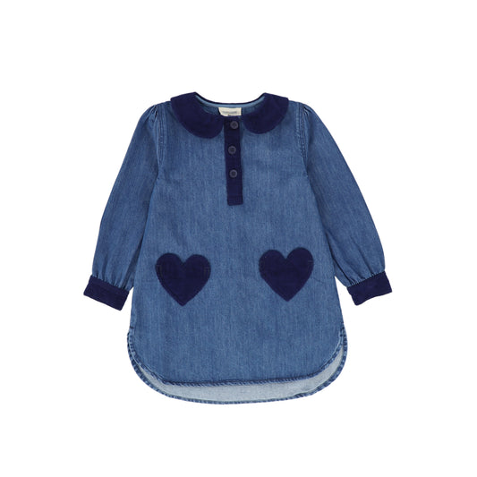 LOUIS LOUISE BLUE DENIM/CORDUROY HEART POCKET DRESS