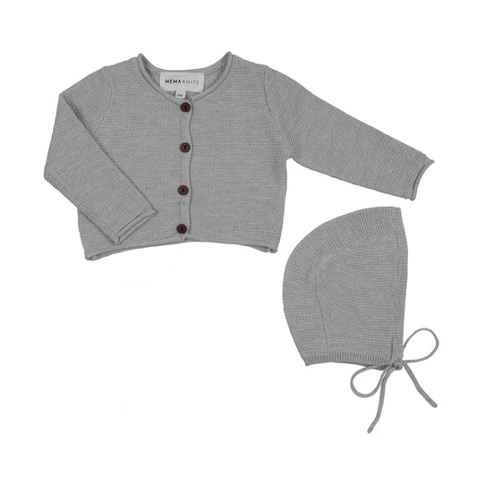 MEMA KNITS BLUE CROP KNIT CARDIGAN + BONNET