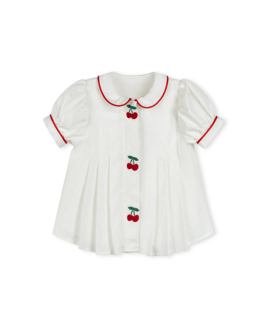 ONE CHILD WHITE EMBROIDERED CHERRY PLEAT BLOUSE