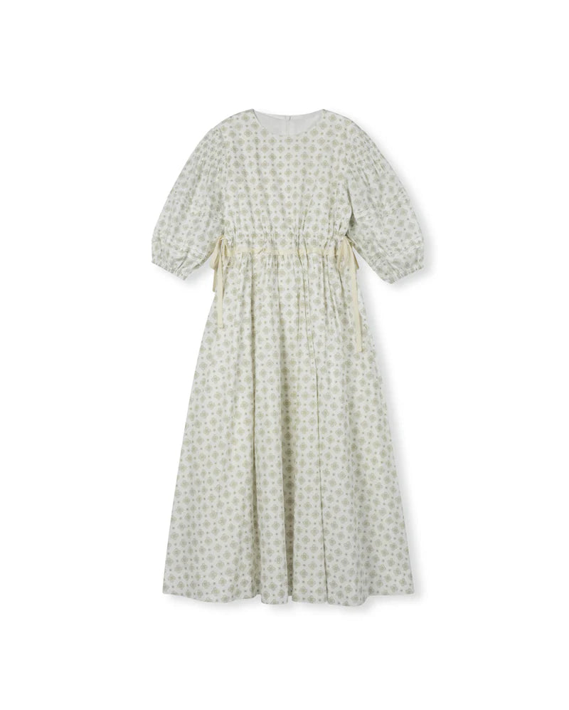 MINIMAL IVORY/GREEN FLORAL PUFF SLEEVE DRESS