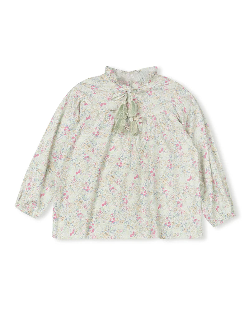 ONE CHILD MINT/PINK FLORAL RUFFLE NECK BLOUSE