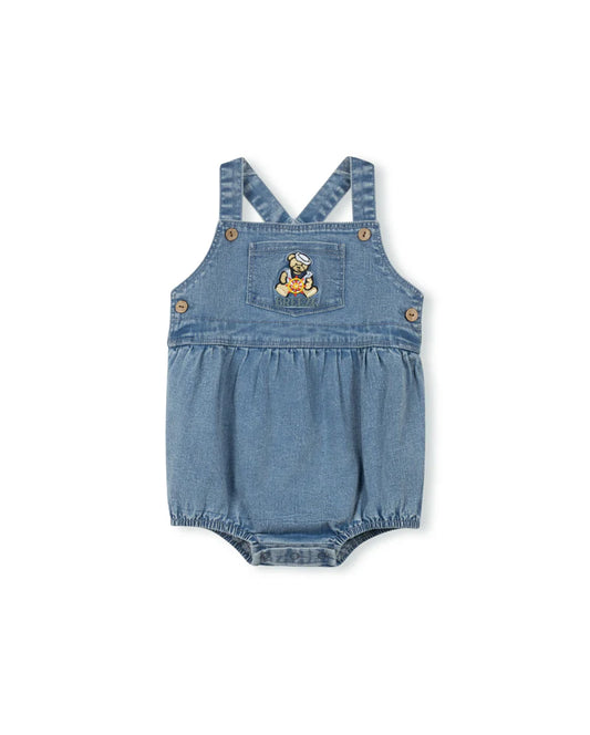 PHIL AND PHOEBE DENIM TEDDY BEAR PATCH ROMPER