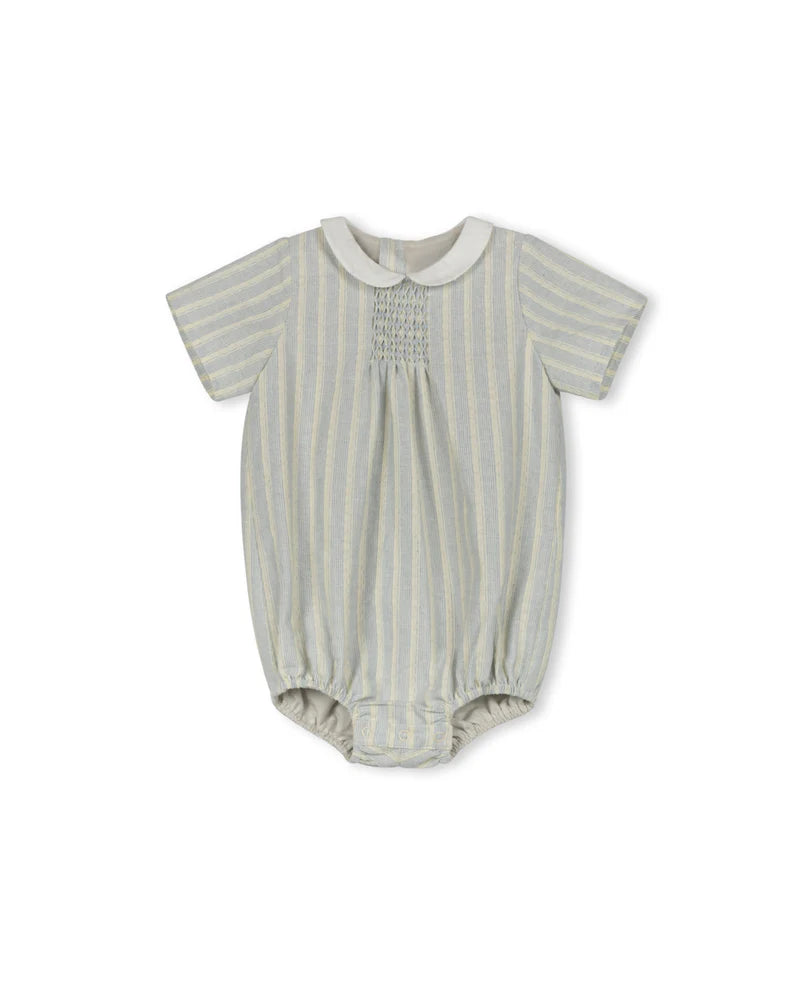 ONE CHILD BLUE/YELLOW STRIPE HANDSMOCKED ROMPER