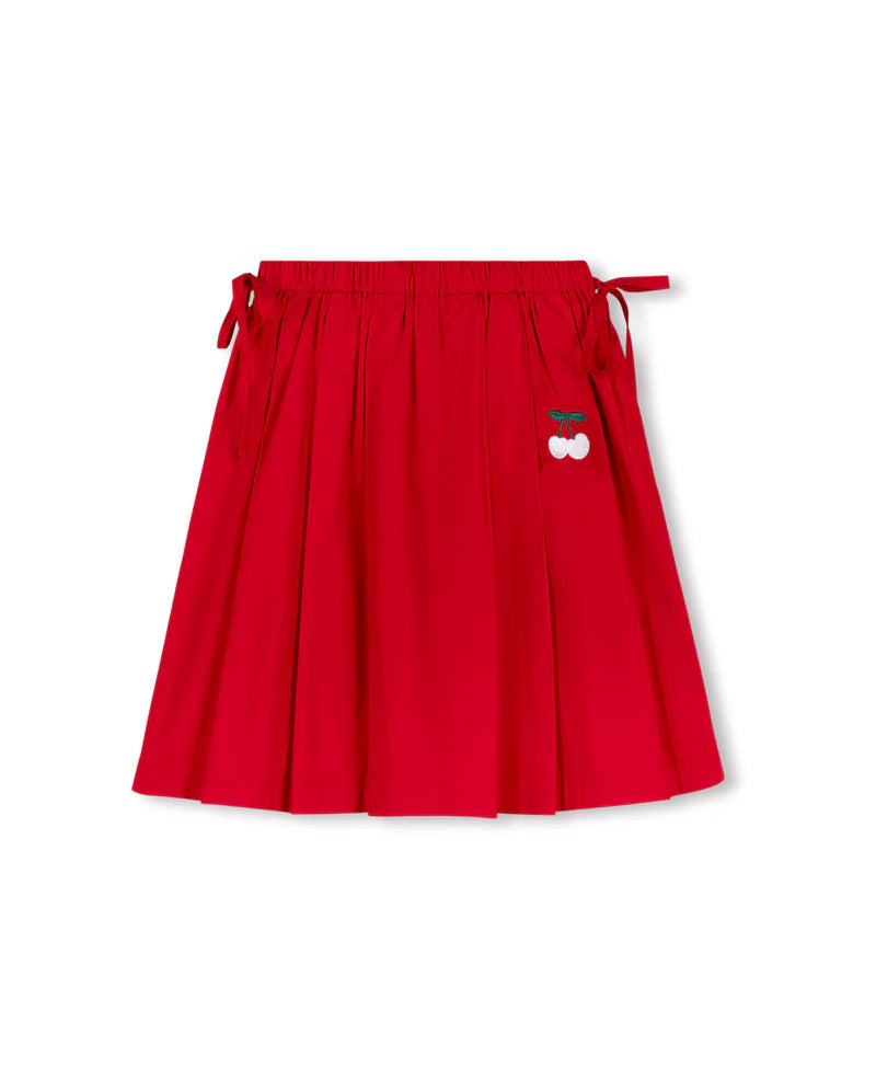 ONE CHILD RED EMBROIDERED CHERRY PLEAT SKIRT