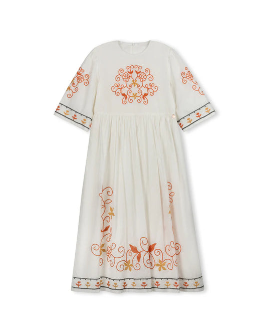 MINIMAL WHITE/ORANGE EMBROIDERED DRESS