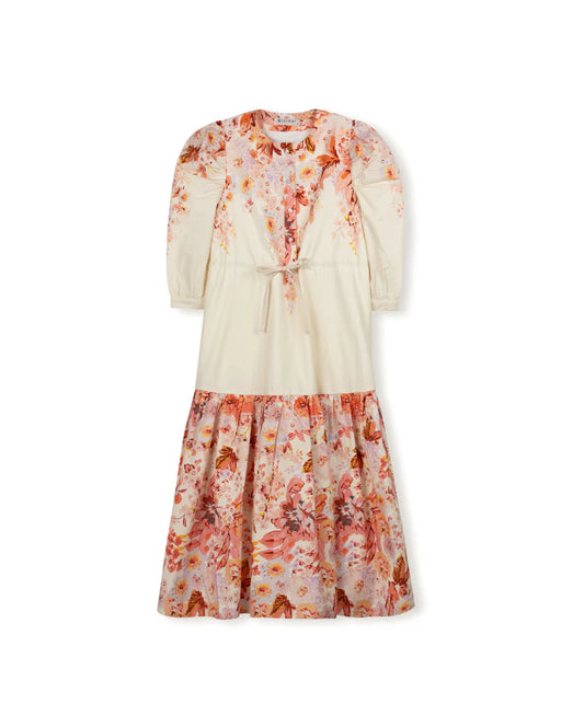 MINIMAL CREAM/PINK FLORAL PUFF SLEEVE TIE DRESS