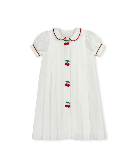 ONE CHILD WHITE EMBROIDERED CHERRY PLEAT DRESS