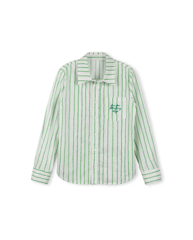 VIBE GREEN PINSTRIPED EMBROIDERED BLOUSE