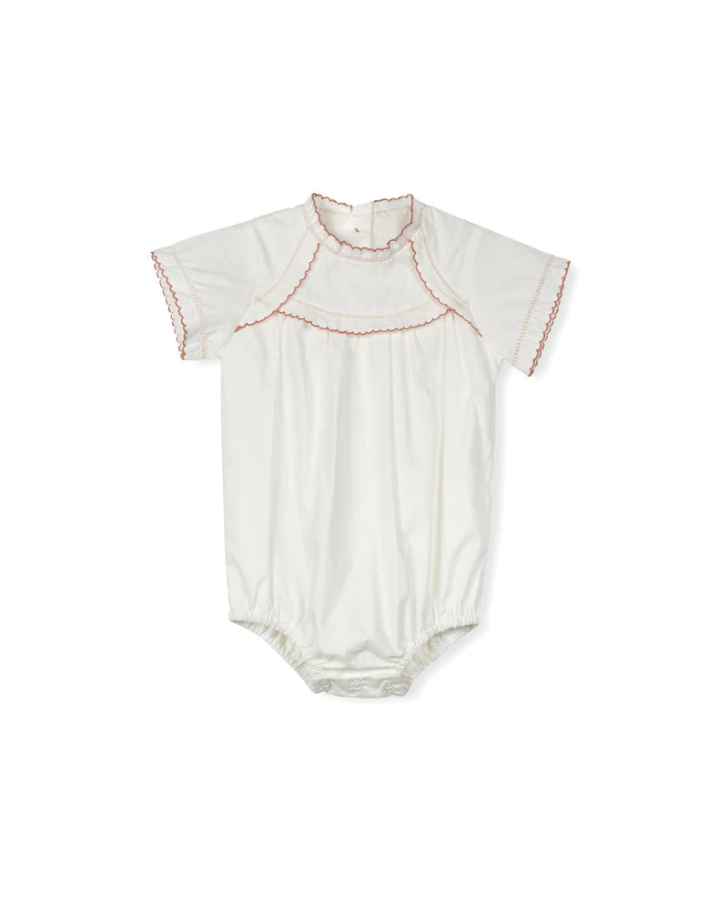 ONE CHILD WHITE EMBROIDERED SCALLOP TRIM ROMPER