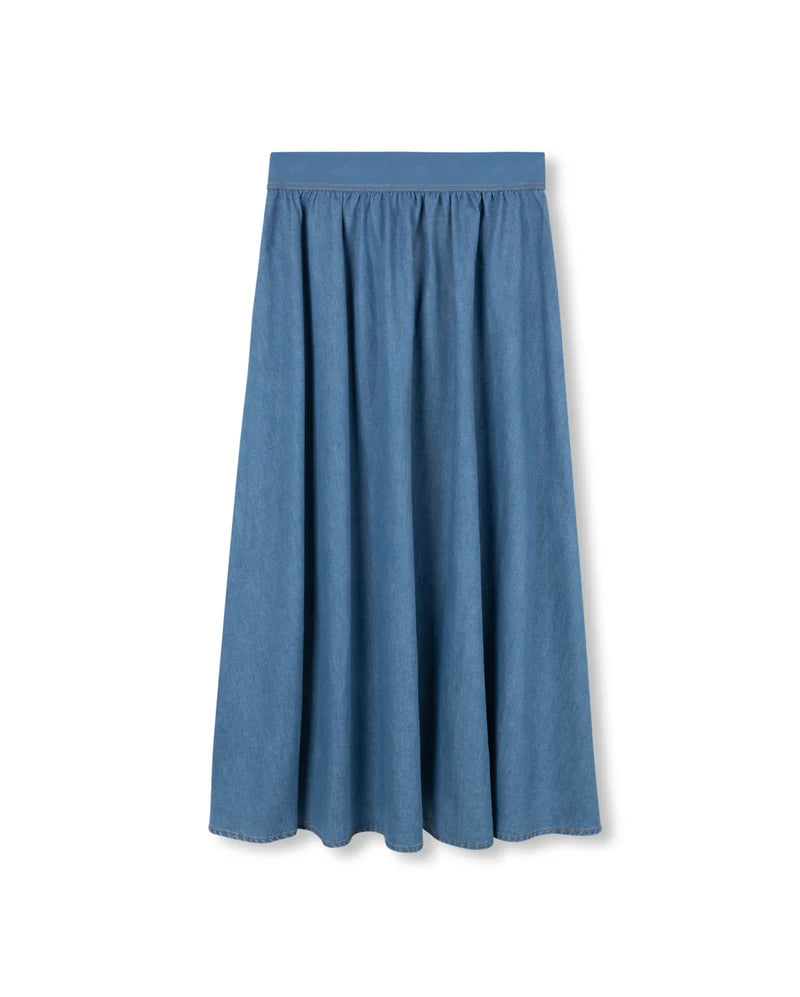 VIBE LIGHT BLUE DENIM WIDE WAISTED MIDI SKIRT