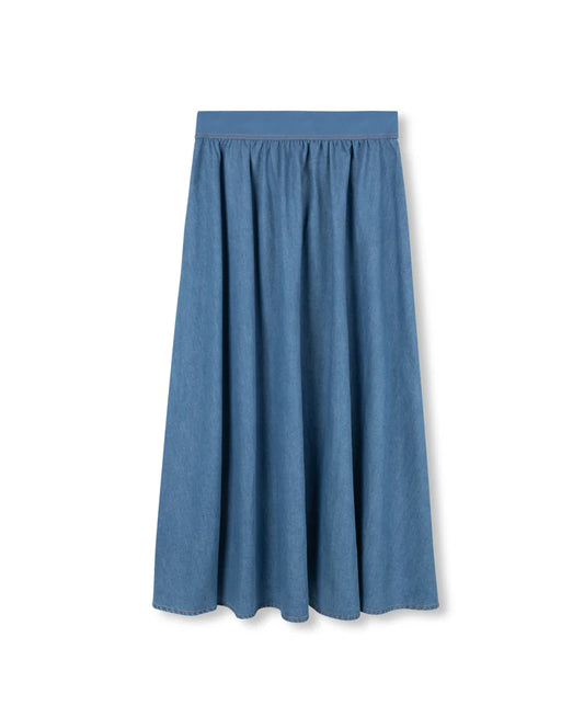 VIBE LIGHT BLUE DENIM WIDE WAISTED MIDI SKIRT