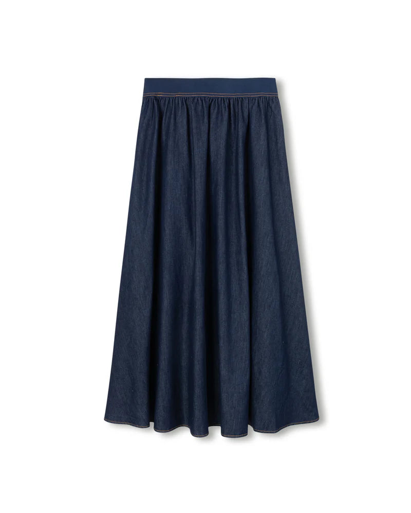 VIBE BLUE DENIM WIDE WAISTED MIDI SKIRT [FINAL SALE]