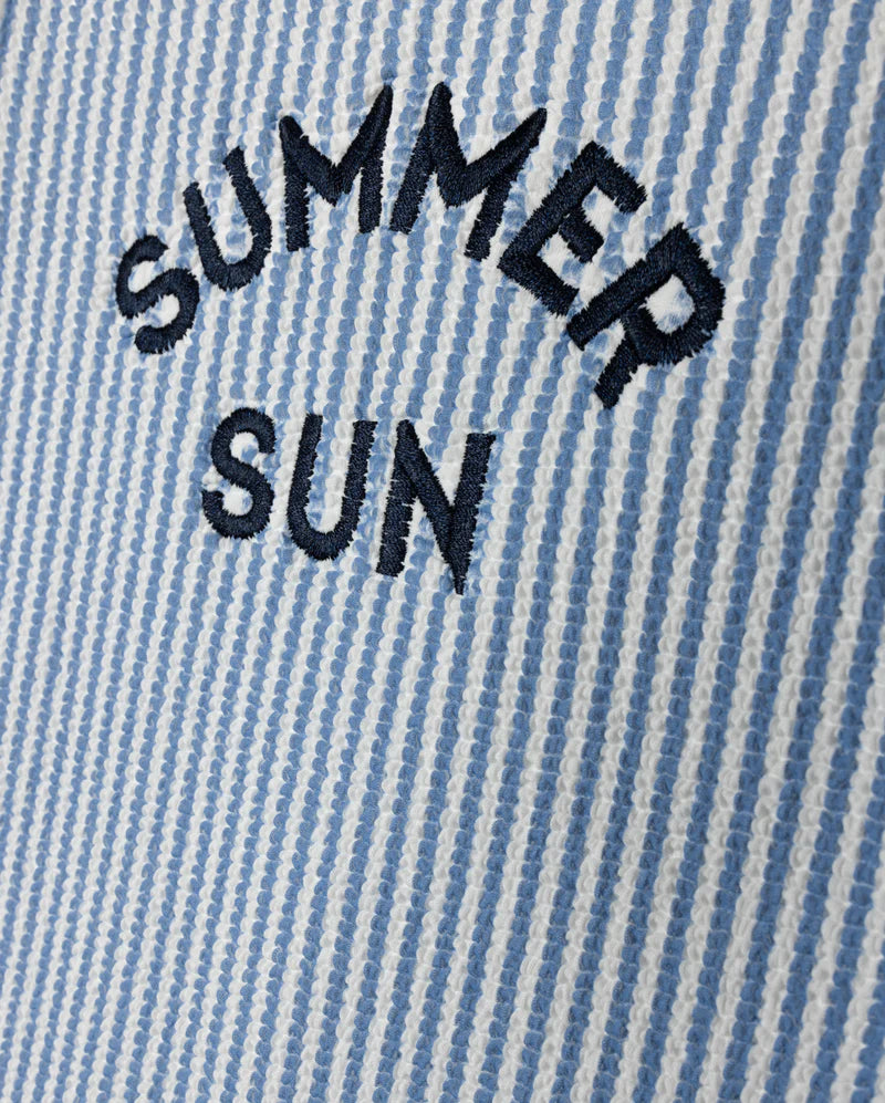 CABANA BLUE SEERSUCKER RUFFLE TRIM LOGO SWIMSUIT