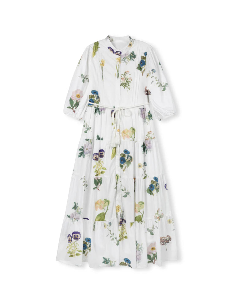 MINIMAL WHITE GARDEN FLORAL TIERED DRESS