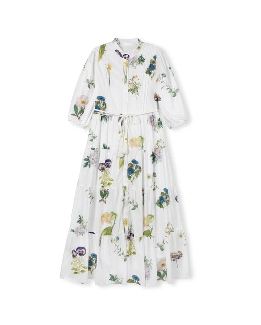 MINIMAL WHITE GARDEN FLORAL TIERED DRESS