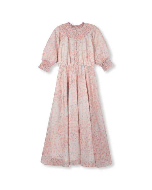 MINIMAL PINK FLORAL SMOCKED BUTTON MAXI DRESS