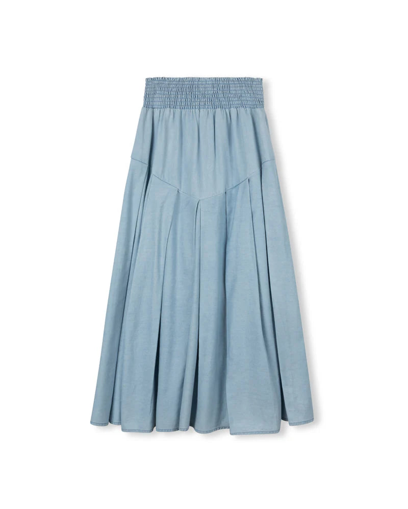 VIBE LIGHT BLUE DENIM CHAMBRAY V SEAM PLEAT SKIRT [FINAL SALE]