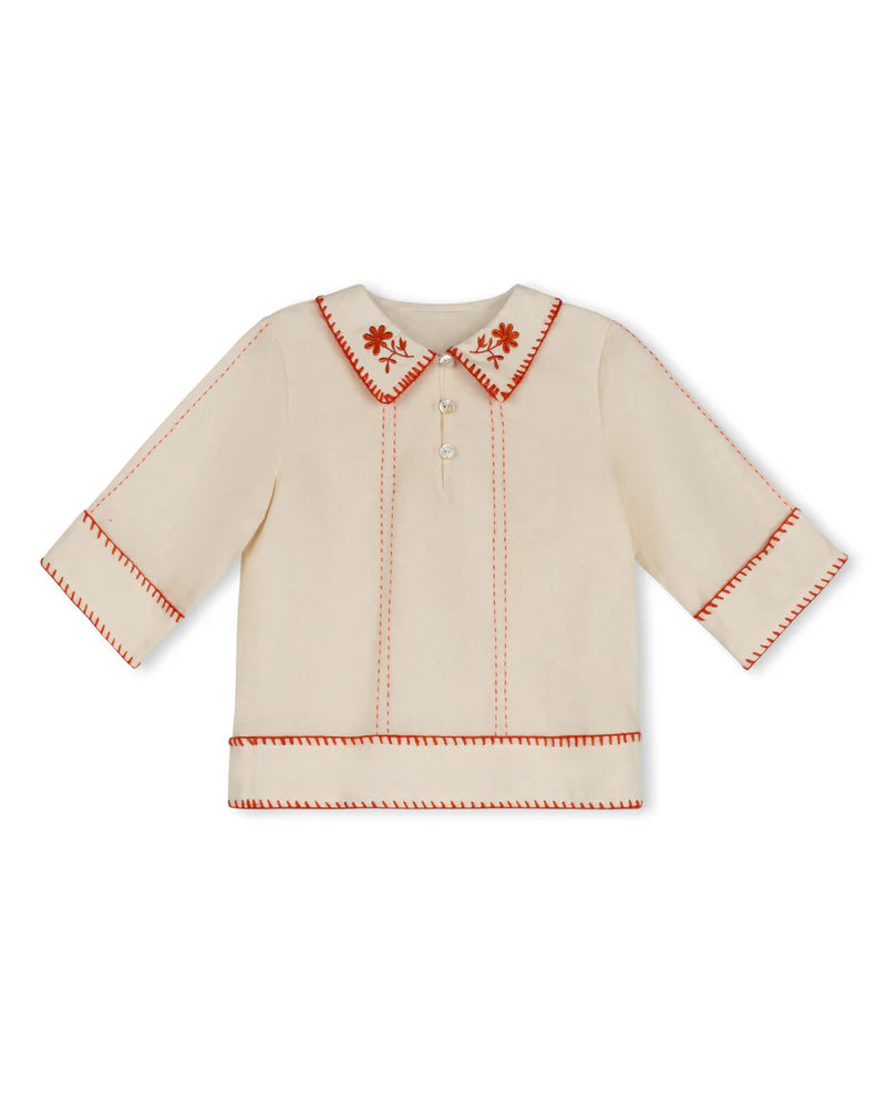 ONE CHILD BEIGE/CORAL STITCH DETAIL BLOUSE