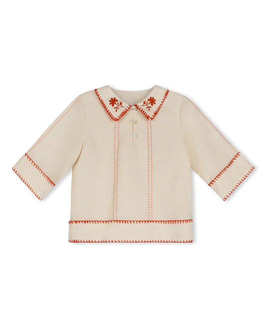 ONE CHILD BEIGE/CORAL STITCH DETAIL BLOUSE