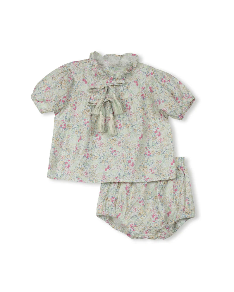 ONE CHILD MINT/PINK FLORAL RUFFLE NECK BLOOMER SET