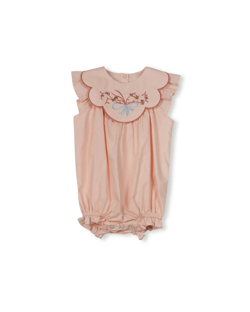 LILOU PINK EMBROIDERED BOW DETAIL BIB ROMPER