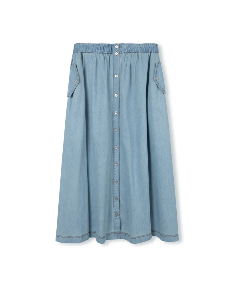 VIBE LIGHT BLUE DENIM CHAMBRAY POCKET MAXI SKIRT [FINAL SALE]