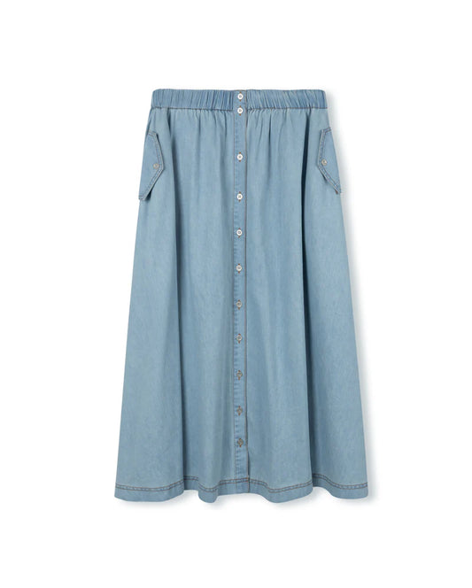VIBE LIGHT BLUE DENIM CHAMBRAY POCKET MAXI SKIRT [FINAL SALE]