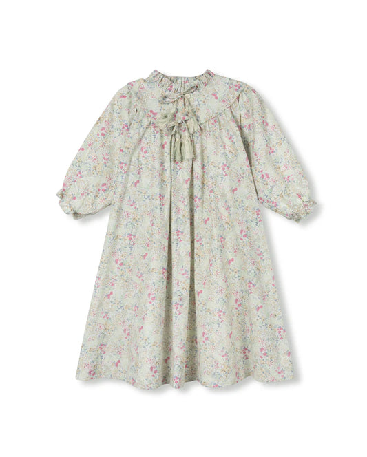 ONE CHILD MINT/PINK FLORAL RUFFLE NECK DRESS