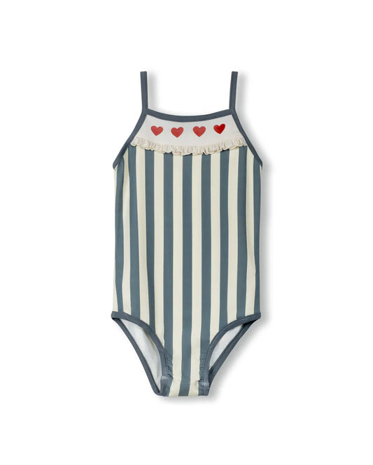 CABANA GREY WIDE STRIPE HEART TRIM SWIMSUIT