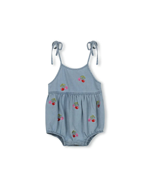PHIL AND PHOEBE DENIM COLORED CHERRY PRINT ROMPER