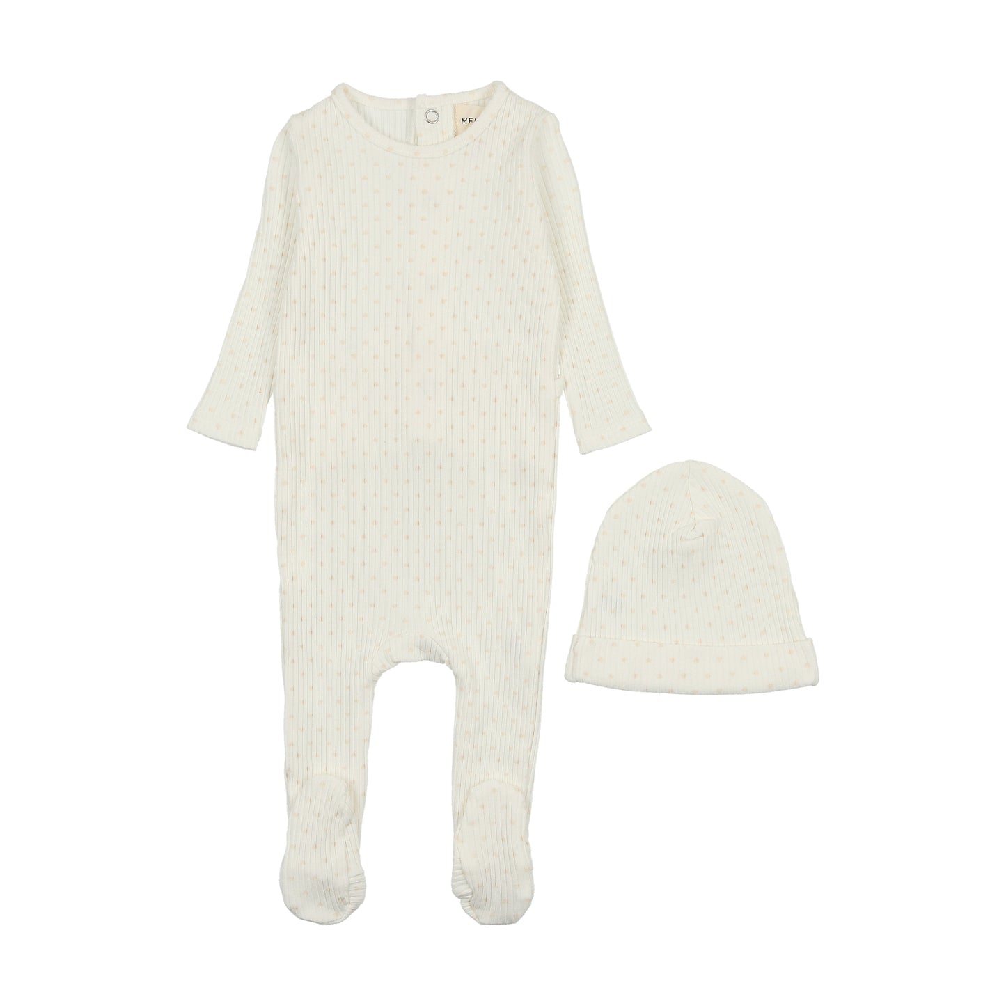 MEMA KNITS IVORY/PINK HEART PRINTED FOOTIE + BEANIE